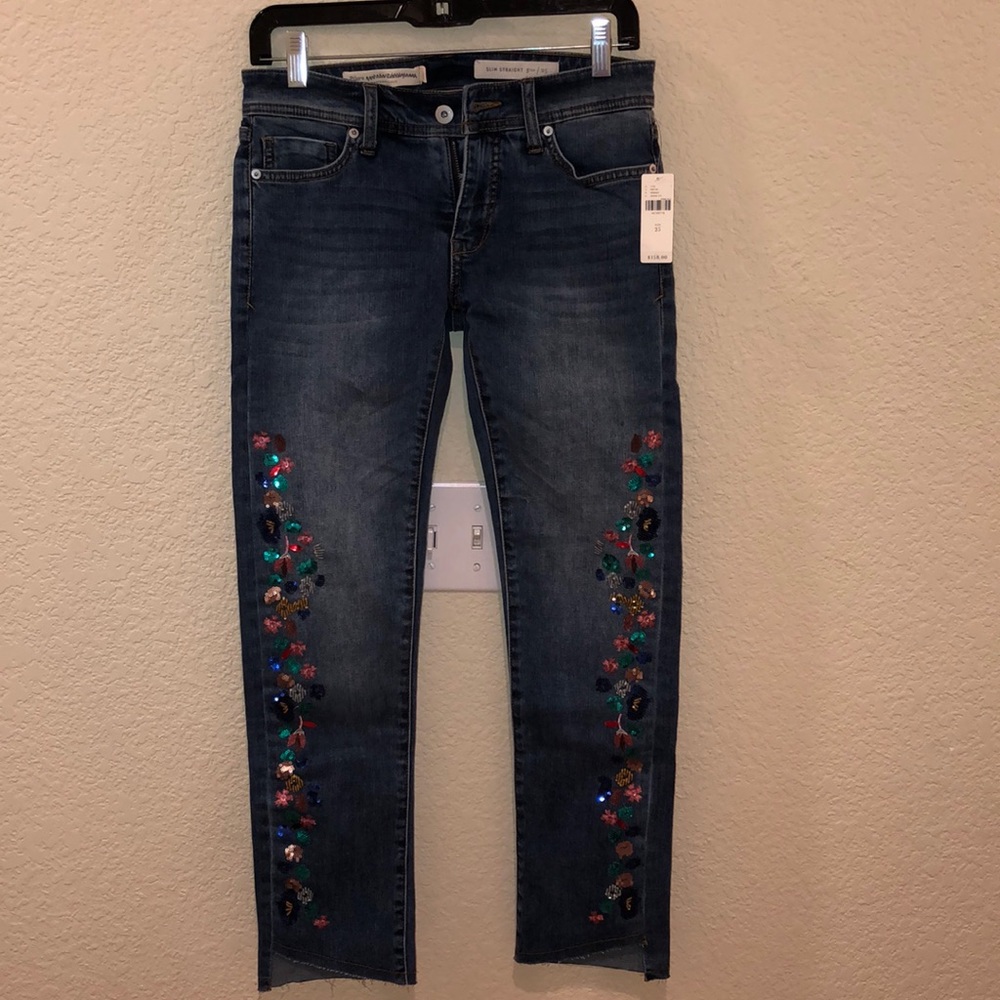 Anthro Pilcro sequin floral slim straight Jeans 25